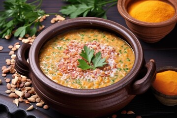Wall Mural - a bowl of lentil soup with pieces of ham, top view