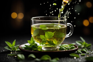 Herbal tea with fresh green mint leaves and water drops on dark background. Commercial promotional food photo