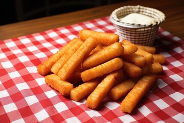 Poster - mozzarella sticks on a checkered tablecloth