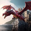 red dragon flying coming close to camera castle over looking ocean in the background photo realistic hyper detailed dramatic lighting super detailed fine details sharp focus 8k 
