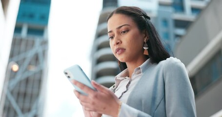 Poster - Woman, reading and scroll with phone in city, town or outdoor with app, glitch and error online. Business, person and waiting for taxi and communication on social media, internet or typing email