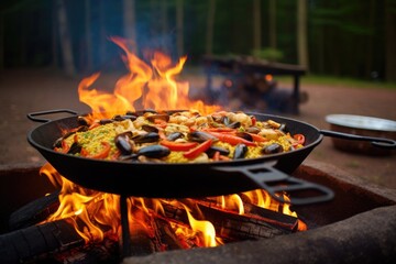 Poster - cooking paella on an open fire with a chefs spatula