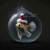 a fish like nemo wearing a christmas hat in a round fish bowl in front of a dark background 
