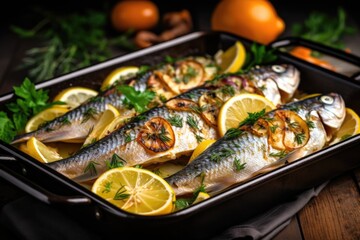 Sticker - baked fish with lemon and herbs in pan