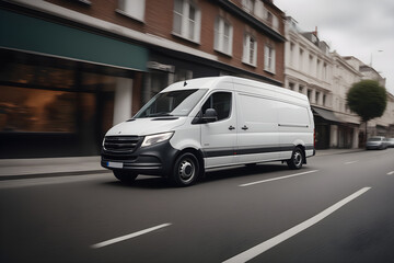 Side view of a commercial van standing driving through the city. Van run fast on city highway to deliver the goods. Product delivery and logistics.