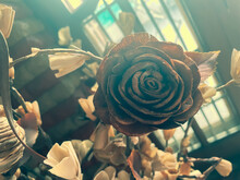 Vintage Roses In A Vase On The Window With Sunrays Falling. Retro Filter