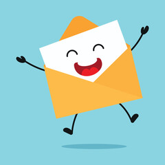 Wall Mural - Cute happy envelope character. Funny victory jump celebration postcard cartoon emoticon in flat style. closet vector illustration