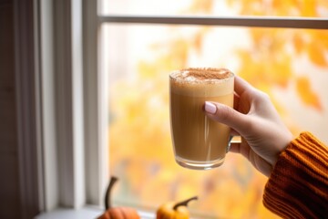 Wall Mural - hand holding a glass of hot pumpkin spice latte by a window