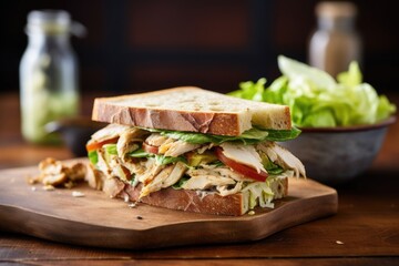 Poster - chicken caesar sandwich on rye bread, on a wooden table