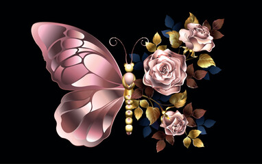 Canvas Print - Flower butterfly with pink gold roses