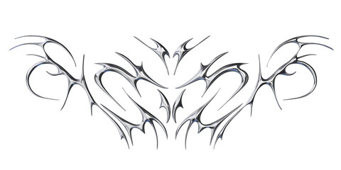Fototapete - 3d chrome metal neo tribal icon. Flame y2k shape in liquid mercury. 3d rendering illustration of abstract cyber sigil metallic melted modern burn shape, design element.