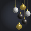 © Lyona - Christmas banner with realistic balls. Gold, silver, black shiny balls on dark background. Corporate luxury card with Christmas baubles. Poster with garland of balls on black background