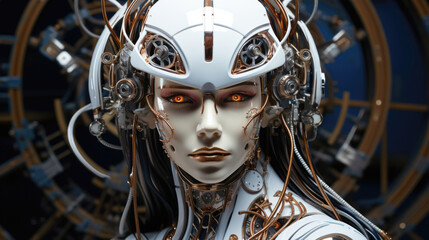 Wall Mural - cybernetic robot head closeup: futuristic humanoid with intricate mechanical details, vivid circuits