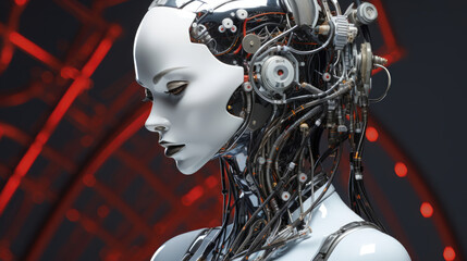Wall Mural - intricate android head showcases futuristic ai with striking details, wires, and metallic finish, hi