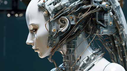 Wall Mural - artificial intelligence, a futuristic android's glossy metallic head showcases intricate details, vi