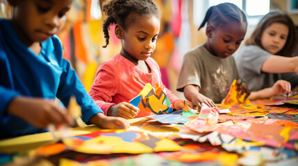 happy kids doing arts and crafts in a school day care center classroom