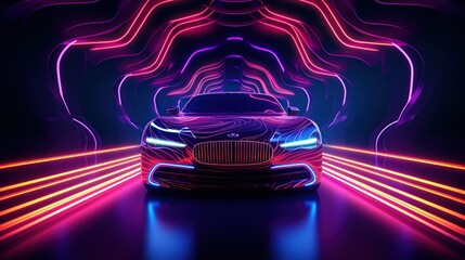 Wall Mural - Sport car with illuminated neon lights on a dark background. AI generated image