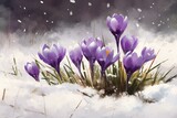 Illustration of crocuses covered in snow. Generative AI