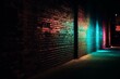 An image of an old brick wall with neon lights on a dark empty street. The street lights create an abstract night street scene with colorful neon lights. Generative AI