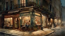 Watercolors In Vintage Style Of An Old Cafe In The City Of Paris.