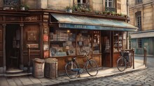 Watercolors In Vintage Style Of An Old Cafe In The City Of Paris.