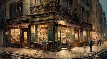 Wall Mural - Watercolors in vintage style of an old cafe in the city of Paris.