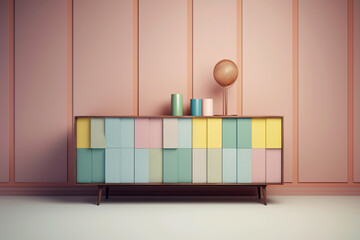 Leinwandbilder - A pastel-colored geometric-style column sideboard with geometric patterns and gentle pastel shades, combining storage and design in one piece.