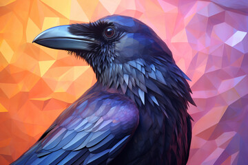 Fototapete - A pastel-colored geometric-themed Crow illustration with angular shapes and delicate pastel shades, capturing the wisdom and grace of this majestic bird.