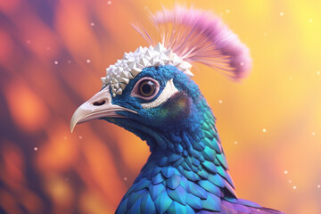 Poster - A pastel-colored geometric-themed Peacock illustration with angular shapes and delicate pastel shades, capturing the wisdom and grace of this majestic bird.  