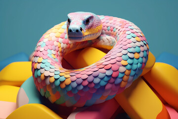 Fototapete - A pastel-colored geometric-style Snake artwork with intricate geometric shapes and soft pastel hues, showcasing the beauty of nature in a modern design.