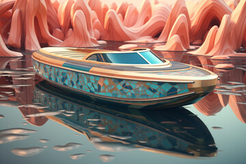 Fototapete - A pastel-colored geometric-style Boat artwork with intricate geometric shapes and soft pastel hues, showcasing the beauty of nature in a modern design. 