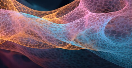Moving neon blue and orange wireframe pattern forming a digital network connection