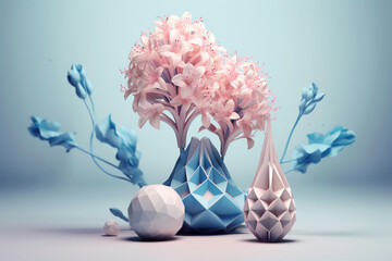 Fototapete - A pastel-colored geometric-style Bluebell artwork with intricate geometric shapes and soft pastel hues, showcasing the beauty of nature in a modern design.