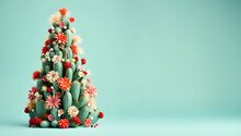 Festive Xmas And New Year Holiday Season, Trendy Idea Banner Design On Pastel Light Teal Background. Modern Cactus Christmas Tree With Colorful Ornaments, Flowers And Decorations. 