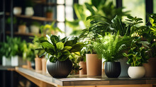 Capture Someone Potting Indoor Plants, Creating A Serene Atmosphere Inside Their Home. Showcase The Benefits Of Houseplants For Health And Well-being.