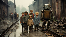 Retro Post World War II Photo Of Children With Vintage Robot In The Middle Of The Railway.