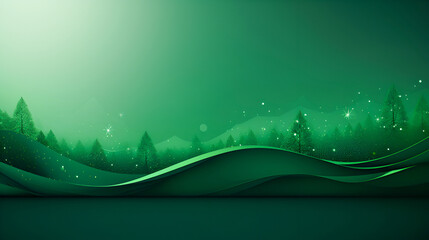 Wall Mural - Abstract background with stripes and waves of green light and green Christmas trees on a dark green background.eco Christmas. Postal card design with empty space for text. 3D illustration.