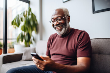 Portrait of a relaxed senior man laughing while using his smartphone at home. Modern lifestyle of the elderly people. 