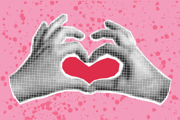 Wall Mural - Halftone collage banner, hands making heart gesture on pink textured background. Cute pop art banner, red love symbol with palms.