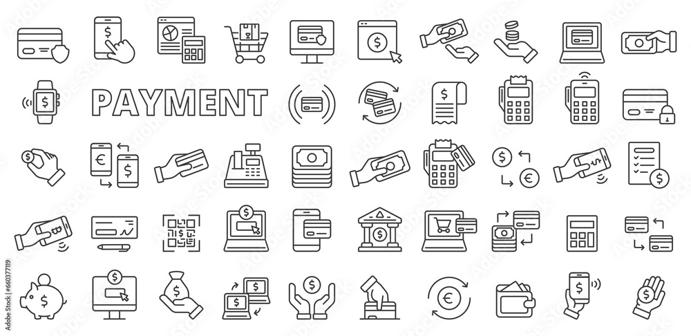 Set of Payment icons in line design. Icons, cash, currency, contactless ...