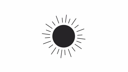 Poster - Sun shape with sunbeams bw outline 2D object animation. Hot summer deals. Burst of rays monochrome linear cartoon 4K video. Sunbathing. Round starburst animated element isolated on white background