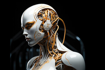 Wall Mural - a futuristic robotic head represents the fusion of ai, blockchain, and modern machinery, showcasing 
