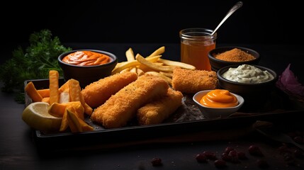 Wall Mural - Golden fried fish fingers on a wooden board