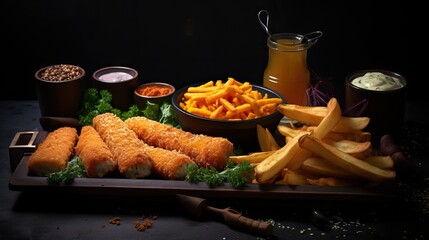 Wall Mural - Golden fried fish fingers on a wooden board