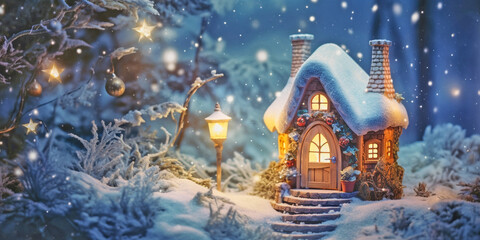Wall Mural - A small fairy tale cottage in a winter snow covered forest, Christmas background with Miniature paper house