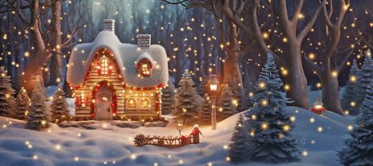 Wall Mural - A small fairy tale cottage in a winter snow covered forest illustration, Christmas background with woodland house made by gnomes and trolls