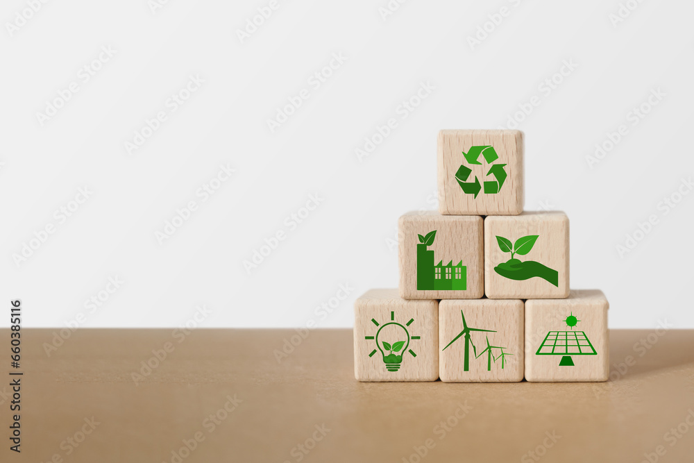 ESG concept of environmental, pyramid shape of wooden cube block with ...