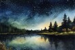 A serene scene of a forest lake under a bedazzling starry night sky, captured in a hand-drawn, watercolor landscape illustration. Generative AI