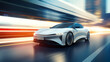 a modern sports car style car is racing at breakneck speed on a city street with a blurred background