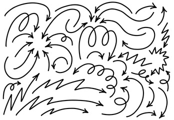 Wall Mural - hand drawn thin line dynamic arrows set. vector black design elements isolated on white background.